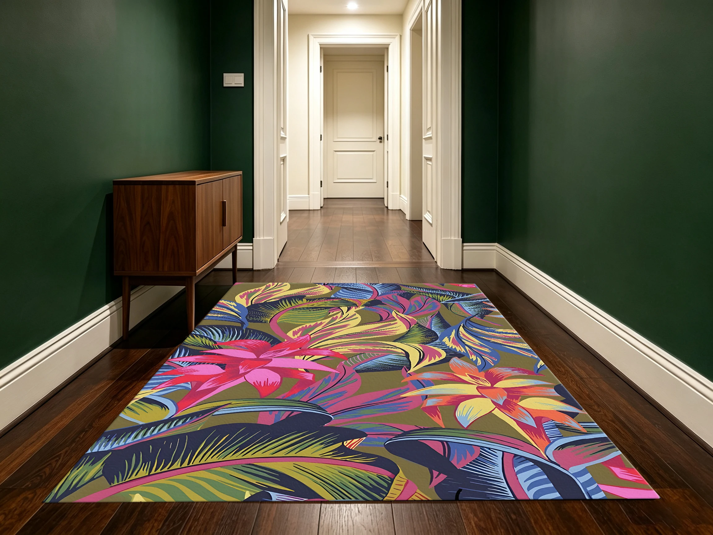 Contrasting Tropical Floral 2D Area Rug in Retro Whimsical Style for Living Room and Entryway, Halloween Party Decor