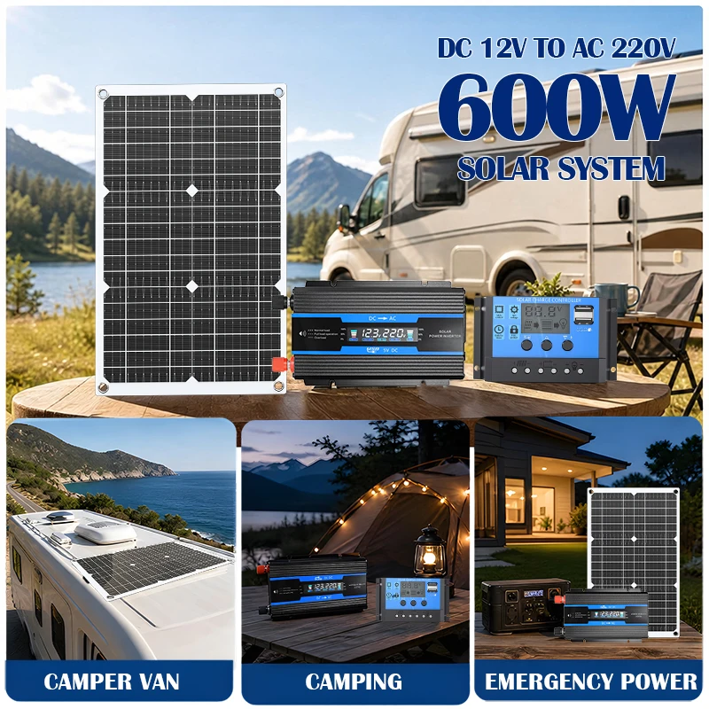 5000W solar panel kit with inverter and controller, DC12V to AC110V/220V off grid system, suitable for RV, camping, and home use