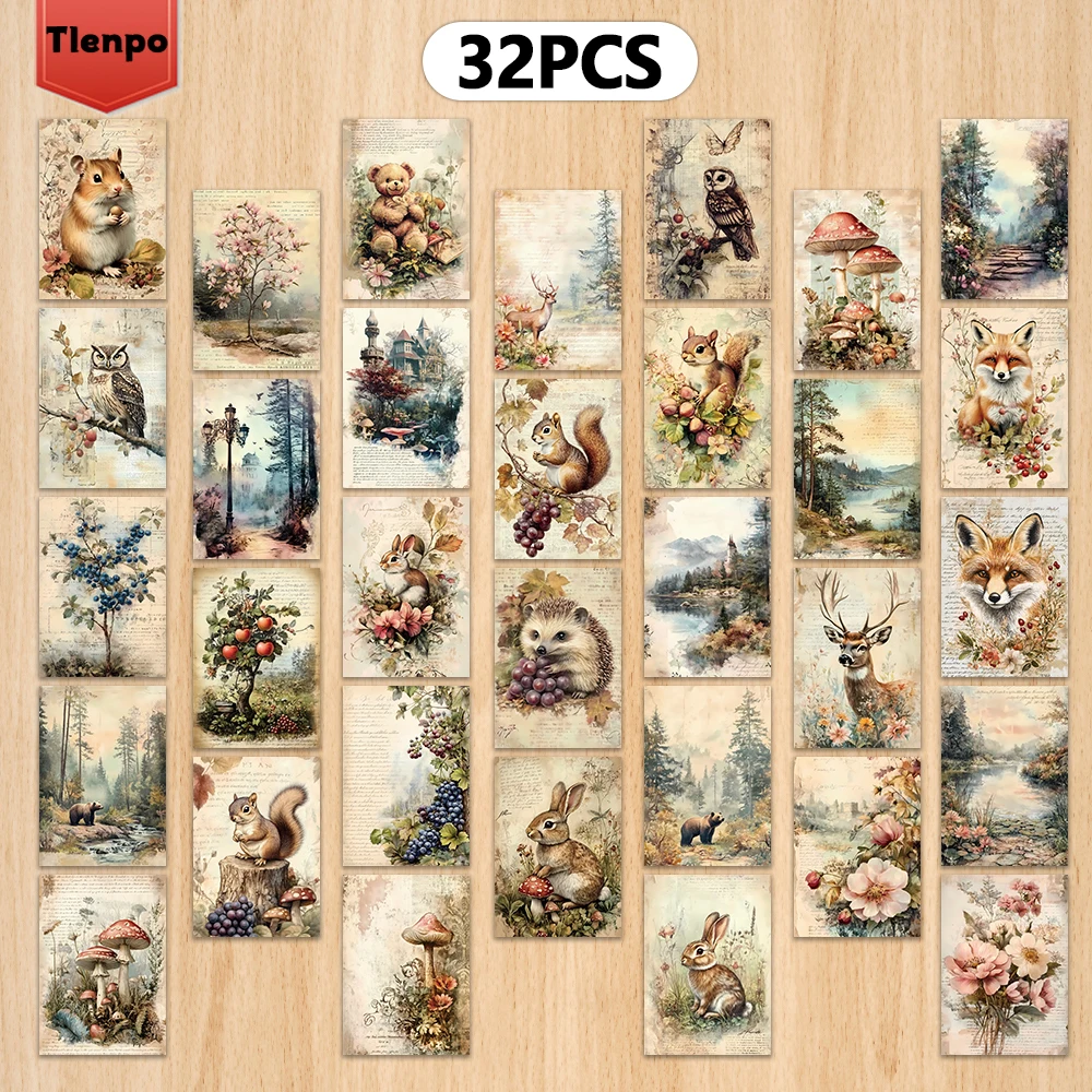 32pcs, vintage animal postcard, rabbit, indoor bedroom decoration, wall sticker, message card, mailing, congratulations souvenir