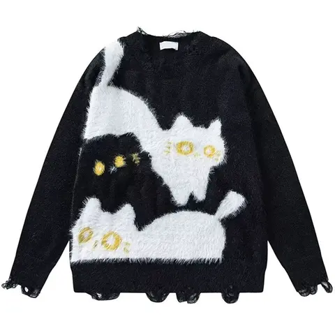 Loch Nerz Pelz Katze männer Pullover Strickwaren Pullover Herbst Winter Cartoon Vintage Design Hässliche Pullover Männlich Lose Stricken Pullover