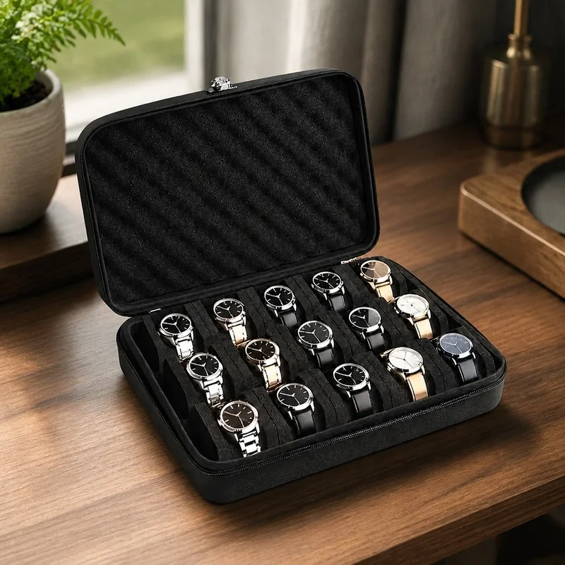Compact Travel and Home Watch Storage Box with 15 Cushion Slots and Durable Protective Build