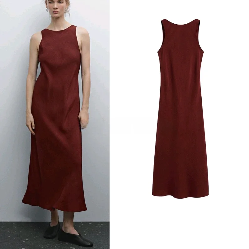 Vestido midi de seda acetinada sem mangas e costas nuas, cintura alta, estilo casual para o dia a dia, com decote redondo e c...