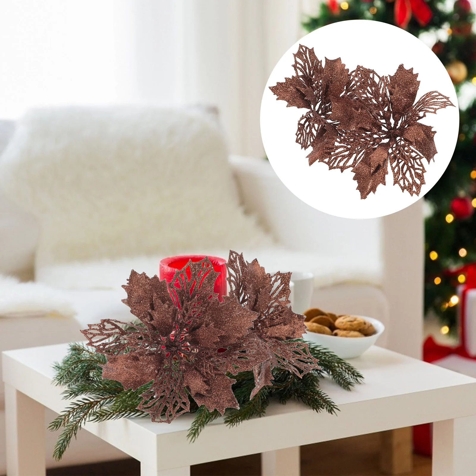 12 pçs vegetação guirlanda oco simulação flores planta árvore de natal pendurado pingente glitter poinsétia ornamento