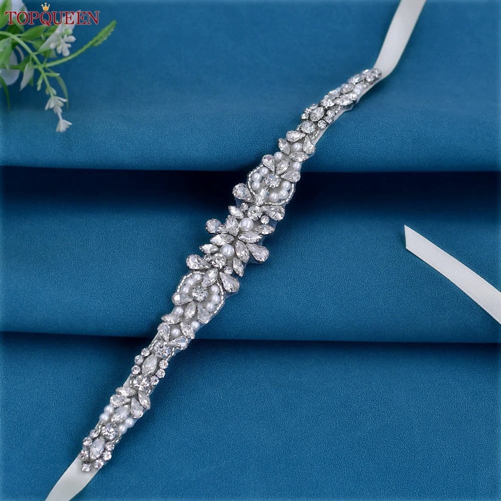 

TOPQUEEN Handmade Bridal Sash Silver Diamond Pearl Applique Wedding Belt Banquet Dress Accessories Bridesmaid Belt S93A