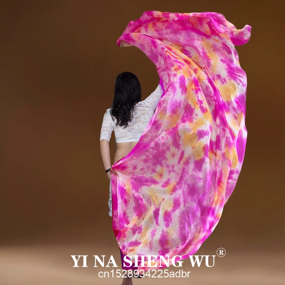 100% véu de seda real tie-dye dança do ventre véu de seda real, lenço de seda de dança do ventre oriental fluido, bordas roladas à mão