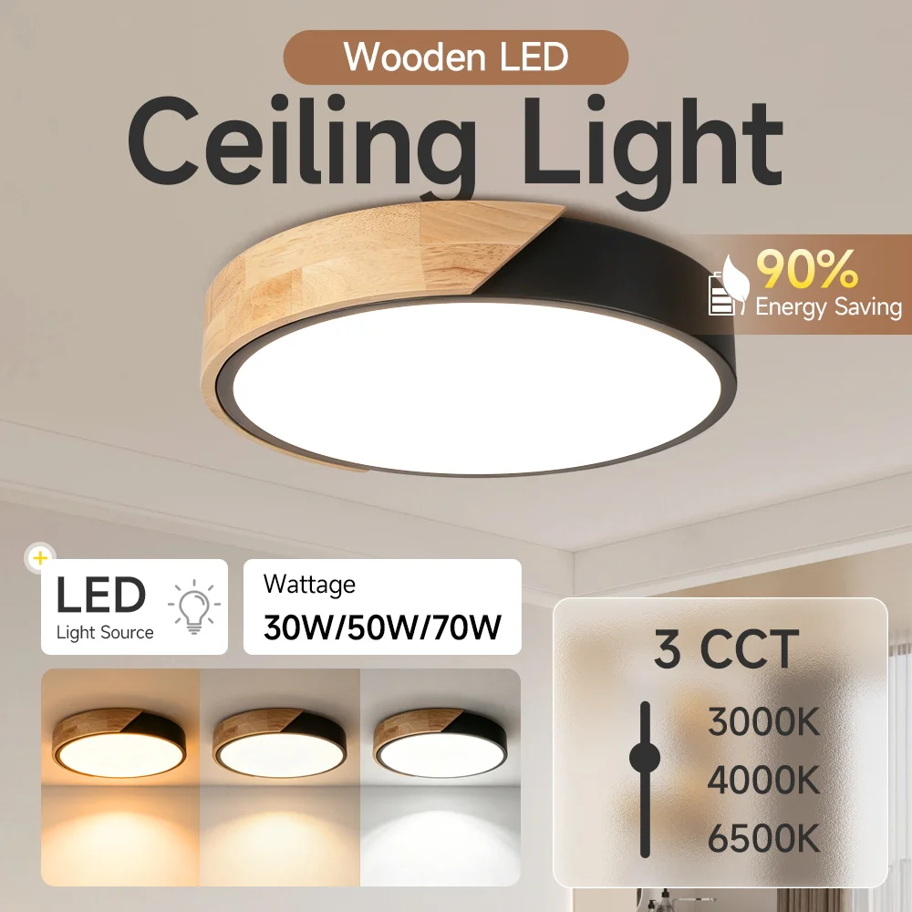Wooden LED Ceiling Light with Remote Control Dimming Lights Led Panel for Home Bathroom Kitchen Ceiling Lamp Waterproof 220V