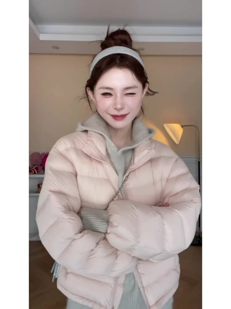 Korean Style Pink Horizontal Stripe Puffy Cotton Jacket Women's Long Sleeve Short Coat Warm Bread Style Autumn Winter New Arr...