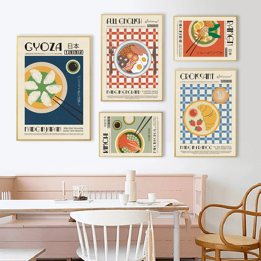 Moderne Küchendekoration Japanische und Koreanische Lebensmittel Poster Croissant Bibimbap Gyoza Ramen Kimchi Leinwandgemälde Wandkunst Druckbilder