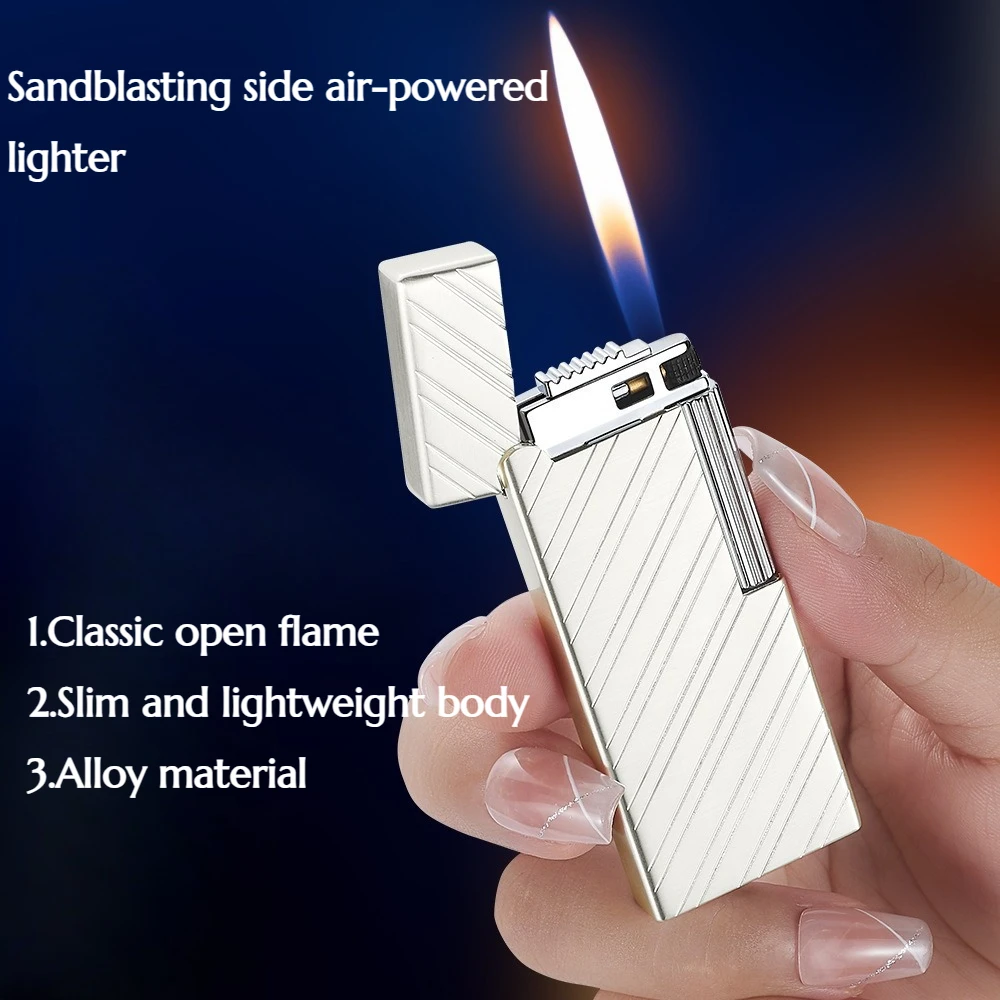 

High-quality Appearance Grinding Wheel Side Striking Open Flame Air-fueled Lighter Silver plated Cigarette Accessories