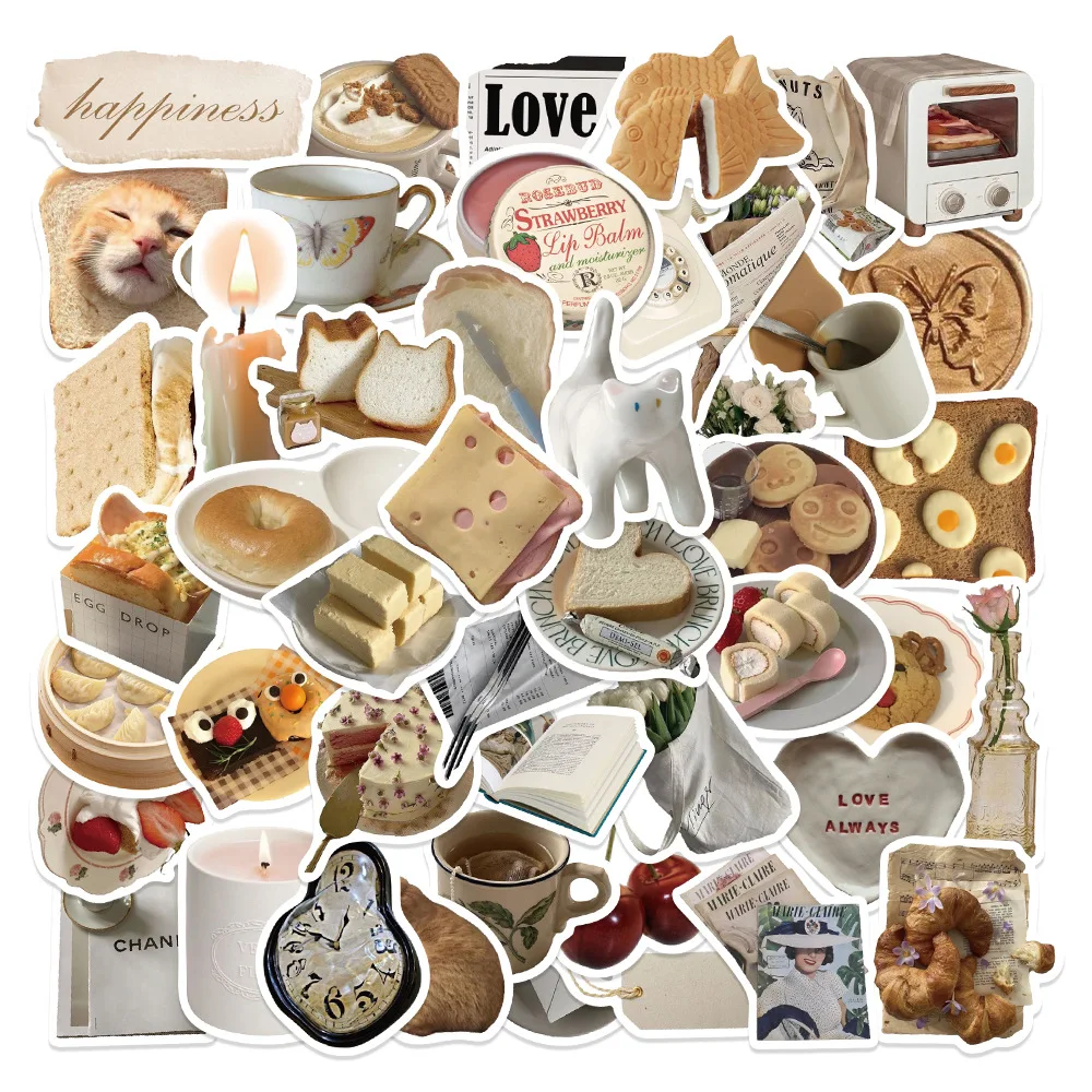 10/30/50Pcs Retro Bread Cat impermeabile Graffiti Sticker bagaglio decorativo estetico Laptop Phone Diary Scrapbook adesivi per bambini