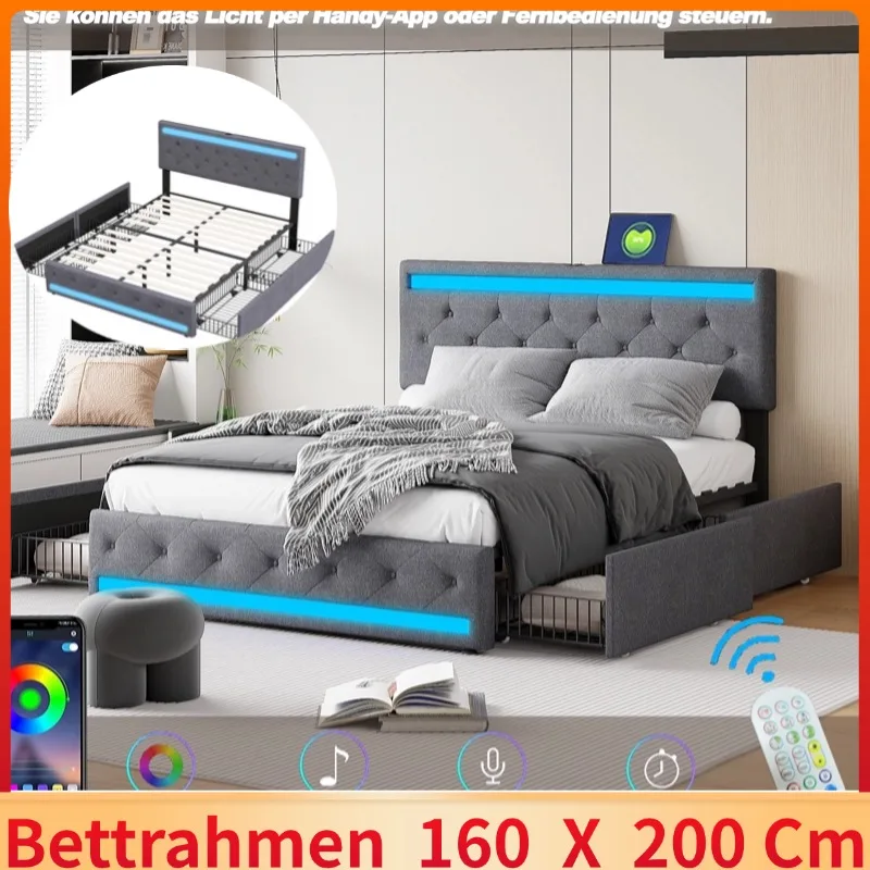 Upholstered bed 160x200 cm with LED and USB Type C ports, Double bed,bed with slatted base and 4 drawers, linen - dark gray