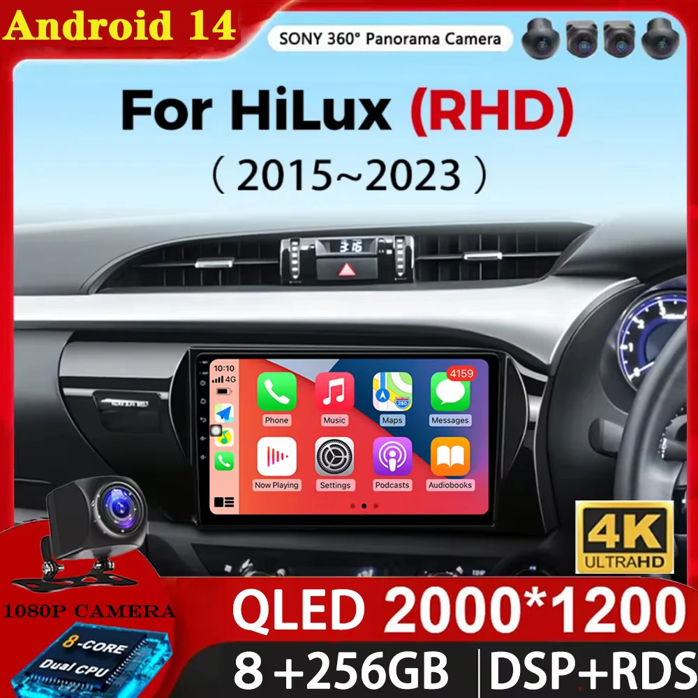 Android 14 Auto Carplay Car Radio Multimedia For Toyota Hilux Pick Up AN120 2015 - 2023 RHD Stereo Video Player GPS WIFI+4G BT