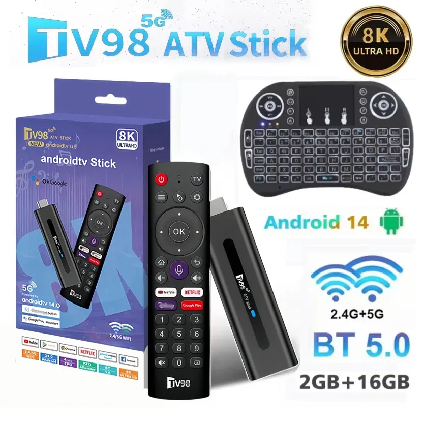 

TV98 ATV 8K Smart TV Stick Android 14 H618 2.4G 5G Wifi Support OTA Media Player TV Receiver BT5.0 2GB 16GB Voice Remote TV Box