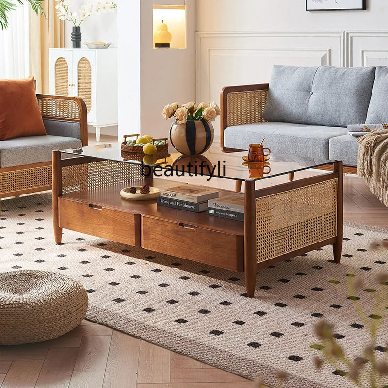

Japanese Wabi-Sabi Style Coffee Table Living Room Home Use Solid Wood Rattan Tea Table Rectangular Tea Table for Homestay