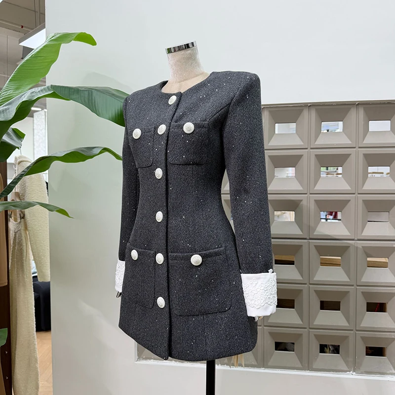 فساتين تنحيف بأزرار مقسمة بمزاج KBQ للنساء برقبة دائرية وطويلة بدون أكمام فستان أنيق للسيدات على طراز الشتاء #2