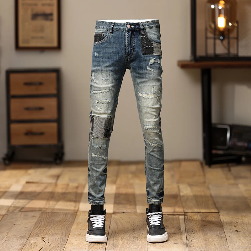 

Street Fashion Men's Patch Jeans Vintage Wash Blue Elastic Tight Split Jeans Men's Designer Hip Hop Jeans Pencil Pants Hombre