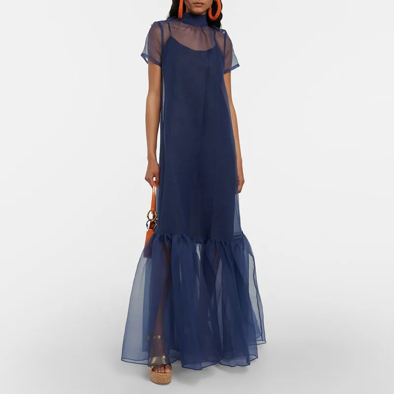 ผู้หญิงฤดูใบไม้ผลิครึ่งคอสูงตาข่ายปลอม 2 ชิ้นชุดสํานักงาน Elegant Bowknot ชุดยาวฤดูร้อนแขนสั้น Boho ชุด