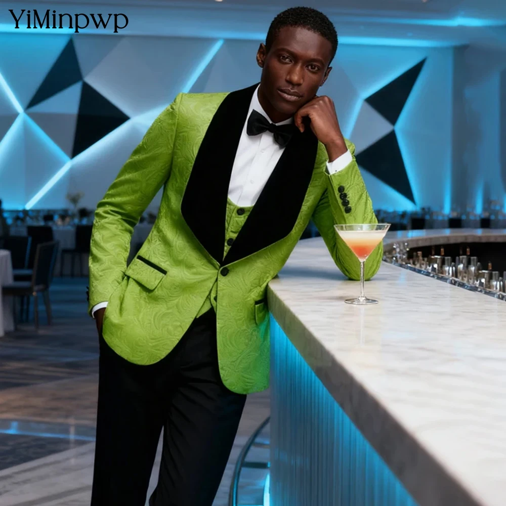 

YiMinpwp Green Jacquard Men Suit Single Breasted Shawl Lapel Formal Tuxedo for Men Wedding 2 Piece Slim Fit Set XS-5XL