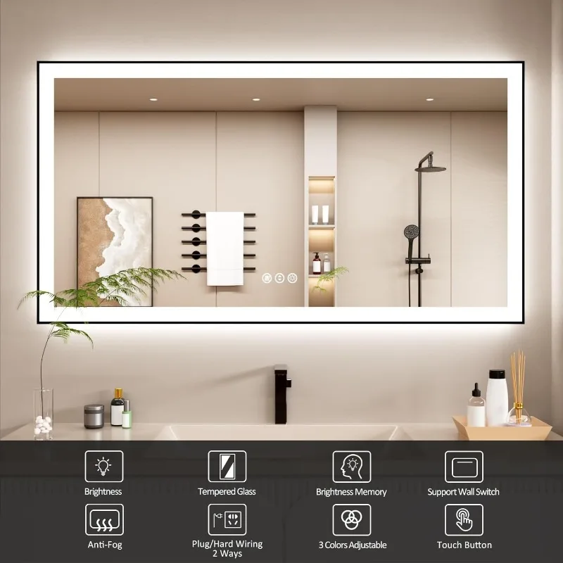 55x30 Inch LED Bathroom Mirror with Black Frame, Backlit and Front Lighted Bathroom Mirrors for Wall, Anti-Fog