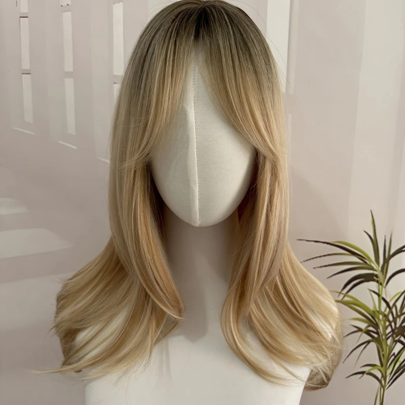 Dans uitvoeren Dame Mode Gradiënt Lang Haar Bal Avondjurk Match Side Swept Pony Pruik Vrouw Dagelijks Aankleden Lang Krullend Haar