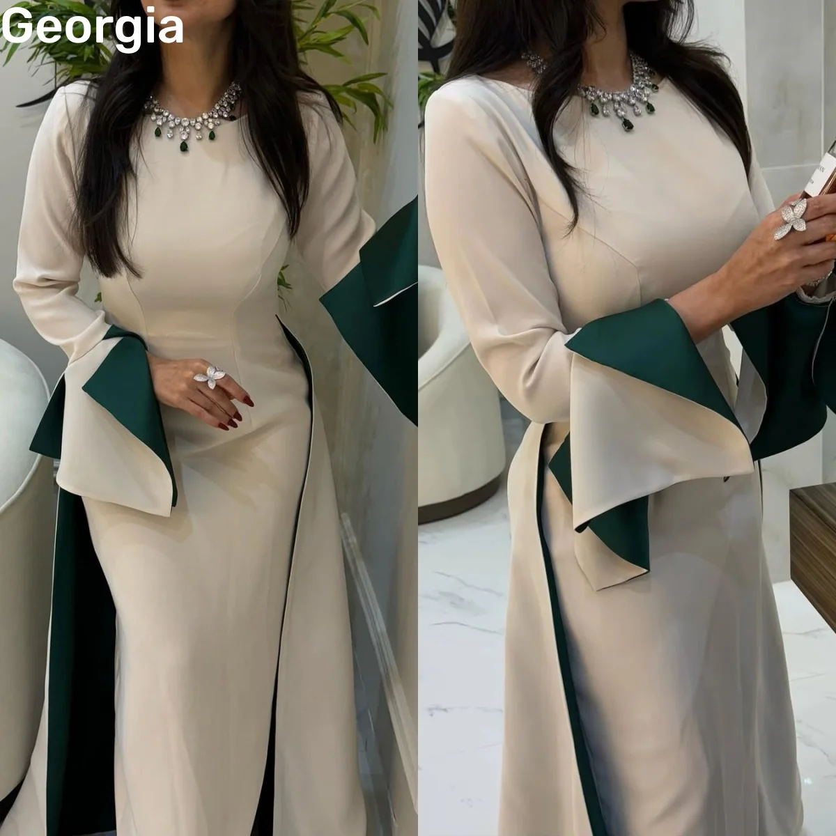 

Dubai Luxury Evening Dress Customize Column Floor-Length Dresses For Prom Scoop Neckline Zipper Up Long Sleeves Vestidos De Fies