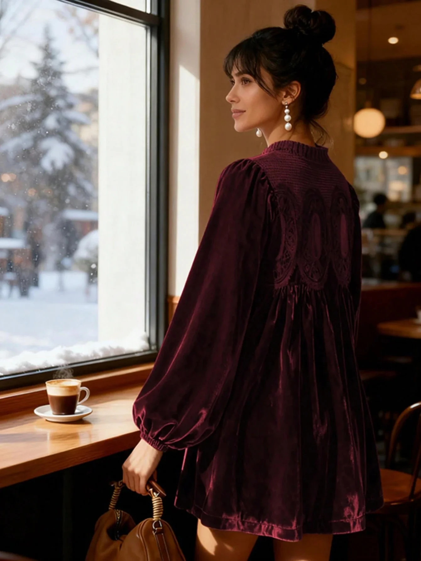

Women's Velvet Embroidered A-Line Mini Dress With Puff Sleeve For Wedding Guest