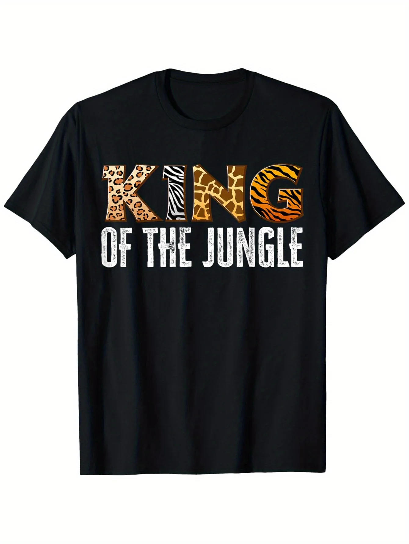 Men's King of the Jungle Birthday T-Shirt - Breathable Sweat Absorbent Black Round Neck Tee with Animal Print Lettering, Fade-Resistant All-Season Comfort for Casual Wear  Family Celebrations, Bold Graphic Shirt, Faderesistant Fabric