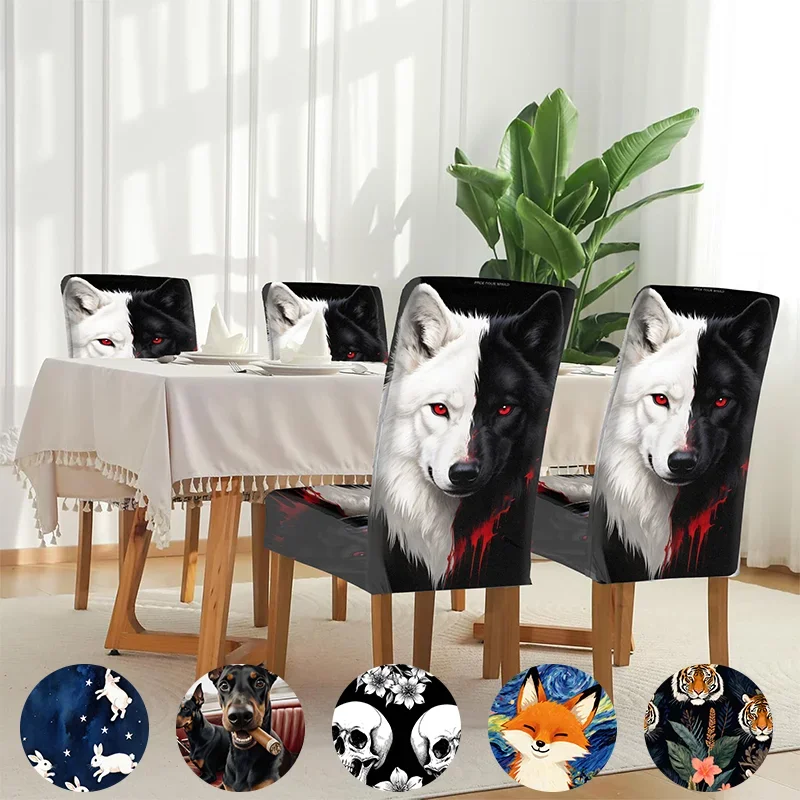 

Elastic Dining Chair Cover Black and White Half Wolf Head Artwork Removable, Washable, Home Dining Chair Cover