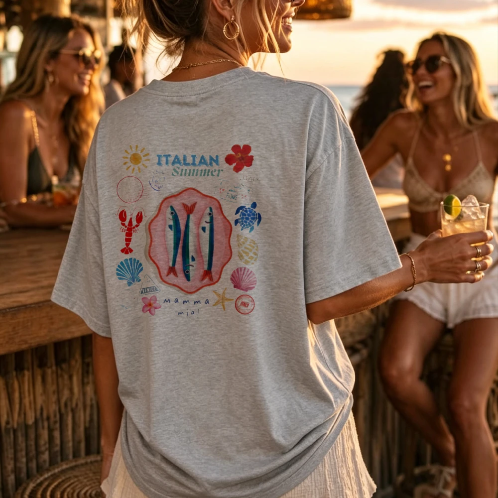 Italian Summer Oversized Crew Neck Short Sleeve T Shirt With Fish Lobster Turtle Seashells Sun Flowers Mamma Mia Gray