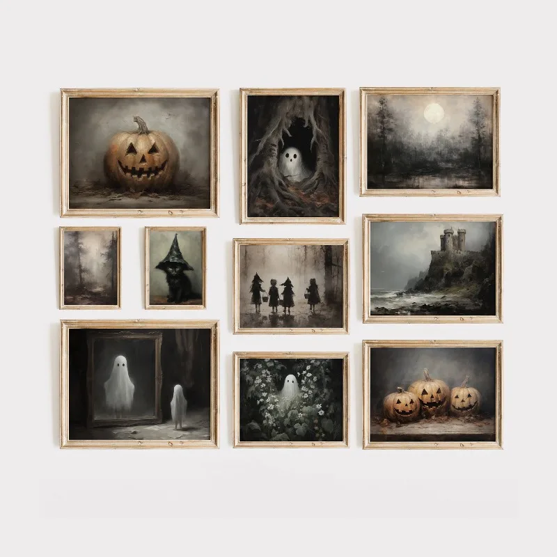Vintage Spooky Halloween Prints Poster Dark Ghost Pumpkin Autumn Canvas Painting Moody Wall Art Gallery Living Room Home Decor