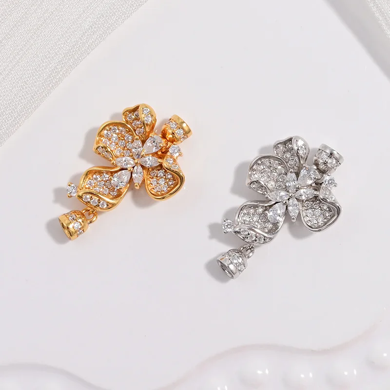 

S925 Sterling Silver Flower Clasp with Zircon, Petal Design DIY Jewelry Connector for Pearl Lariat Necklace