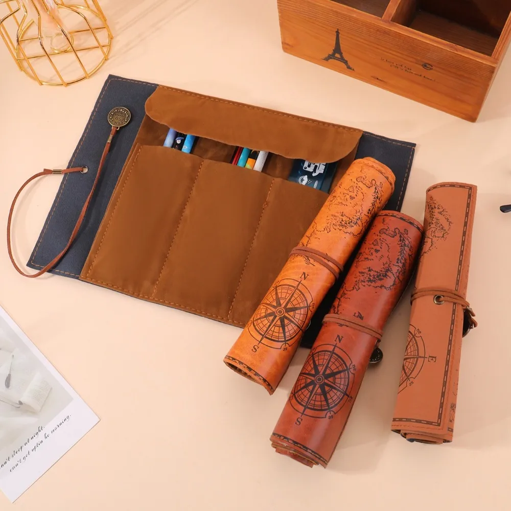 Roll-up PU Leather Pencil Case – Vintage Treasure Map and Compass Design – Portable Stationery Organizer