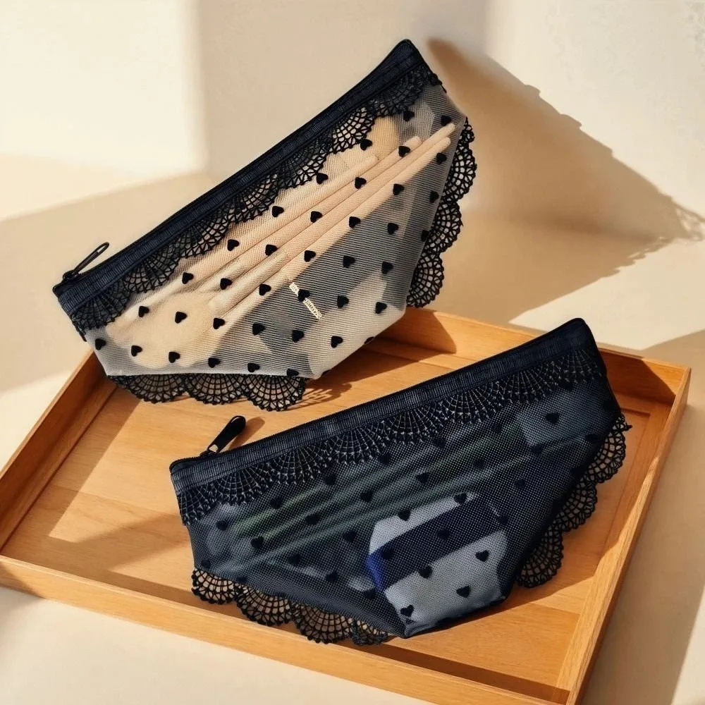 New Briefs Shape Cosmetic Bag Lace Heart Transparent Makeup Storage Pouch Mesh Y2K Toiletry Bag Storage for Travel image 3