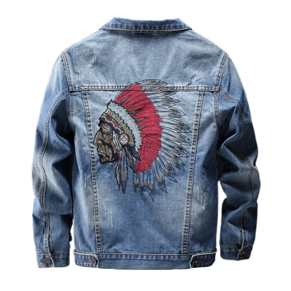 Indian Chief Embroidery Denim Jackets Men, Retro Blue Streetwear, Ripped Slim Coat, Casual Motorcycle Outwear, Spring and Autumn