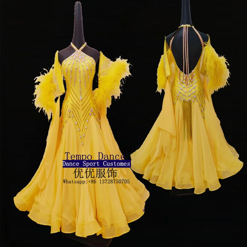 Ballroom Dance Dress Ballroom Dance Competition Dresses Dradient Modern Waltz Tango Dance Dress Ostrich Feather Dress Yellow