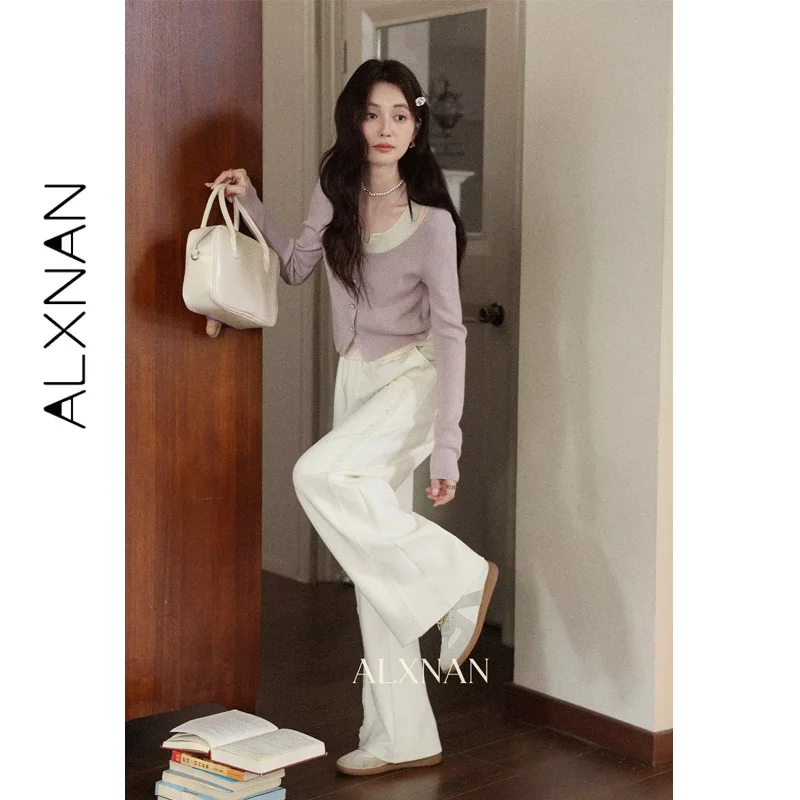 ALXNAN 2025 Autumn Women's Beige High-waist Wide-leg Straight Loose-fit Baggy Pants Casual Office Lady Trousers L569196