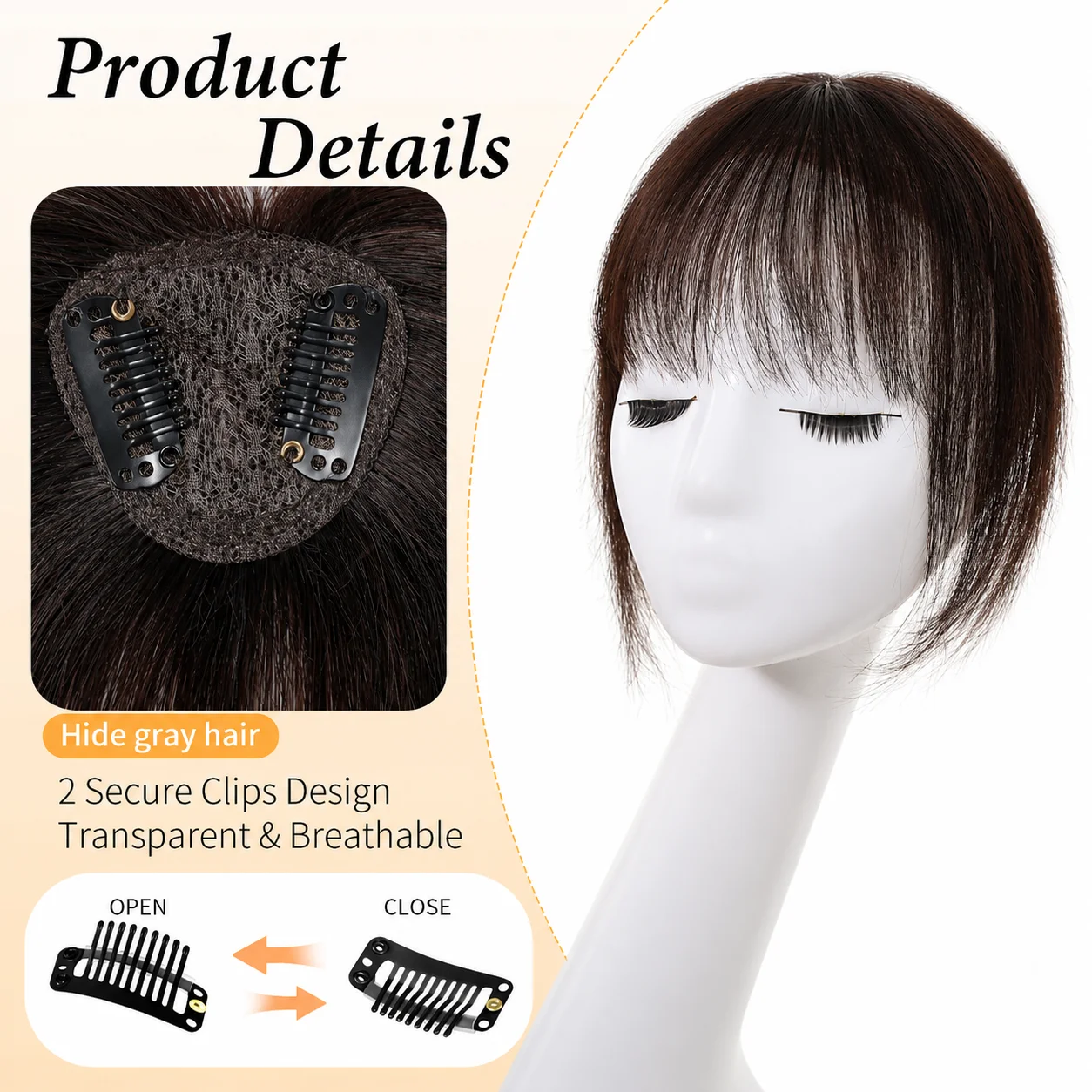 10 Inch Dark Brown Human Hair Topper for Women with Bangs Straight Hairpiece for Thinning Hair Clip in Toppers Heart Shaped Base