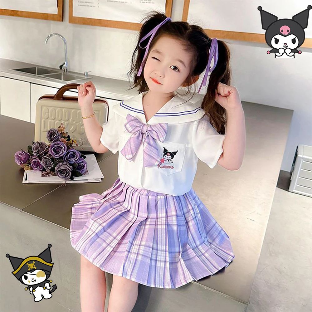 

Sanrio Cartoon Girls Summer Children's College Style Pleated Skirt Two-Piece Set Kuromi Anime Girl Fashion Cute Outdoors New