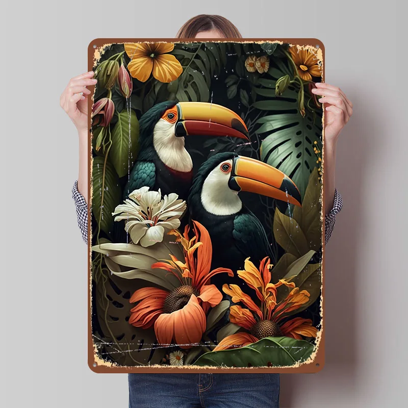 Toucan in Jungle Style Metal Poster Customized Wall Art Retro Vintage Tinplate Signs for Man Cave Room Decorating Interior House