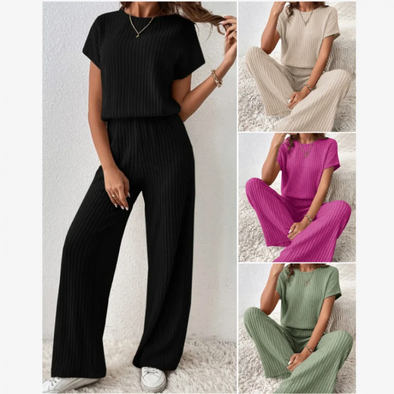 

New2025European and American New Style Solid Color Ribbed Fashion Raglan Short Sleeve Knitted Set Top and Long Pants Two-Piece S