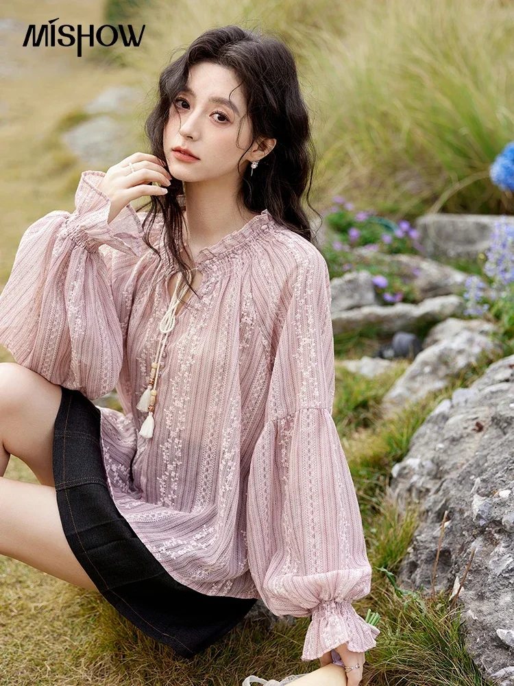 MISHOW Fashion Tassel Strap Embroidered Blouse Women's Spring Summer New Sweet Lace Puff Sleeve Long Sleeved Shirt MXE11X1704