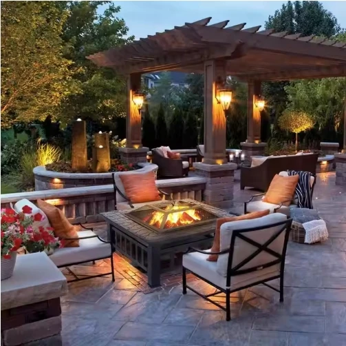 Portable 32 Inch Garden Wood-Burning BBQ Table with Square Metal Fire Pit for Camping with Poker Accessories Fire Pit Table