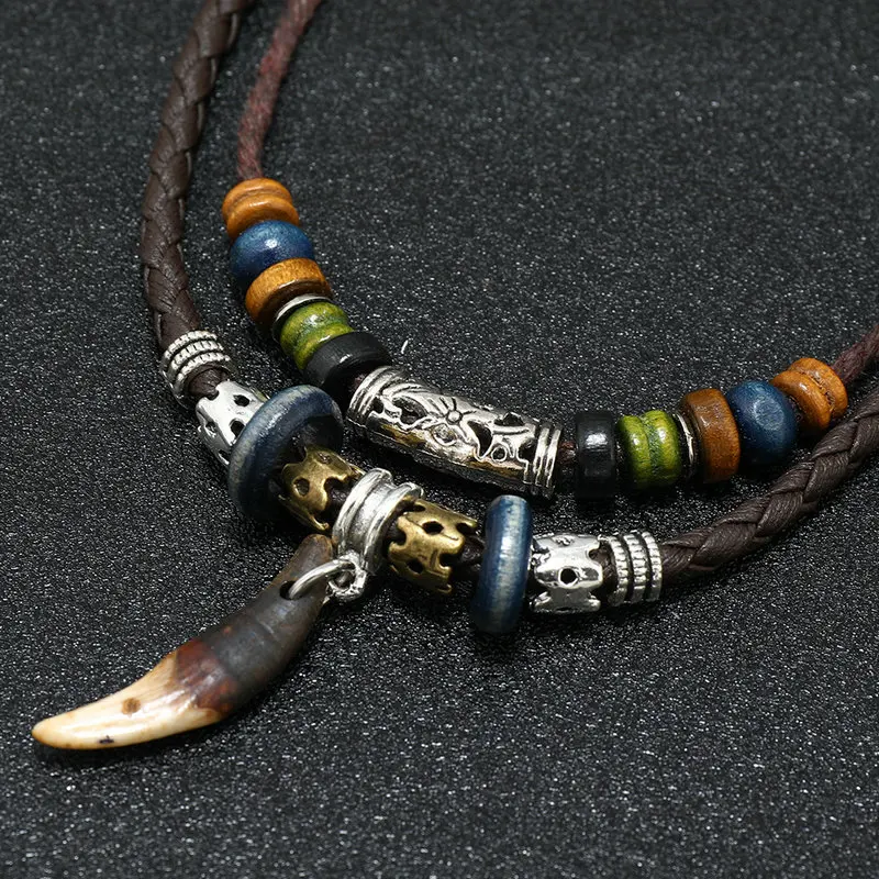 Bohemia Tooth Pendant Necklace for Men Women Beaded Weaved Leather Necklace Natural Style Initial Necklaces Jewelry Mens Gifts