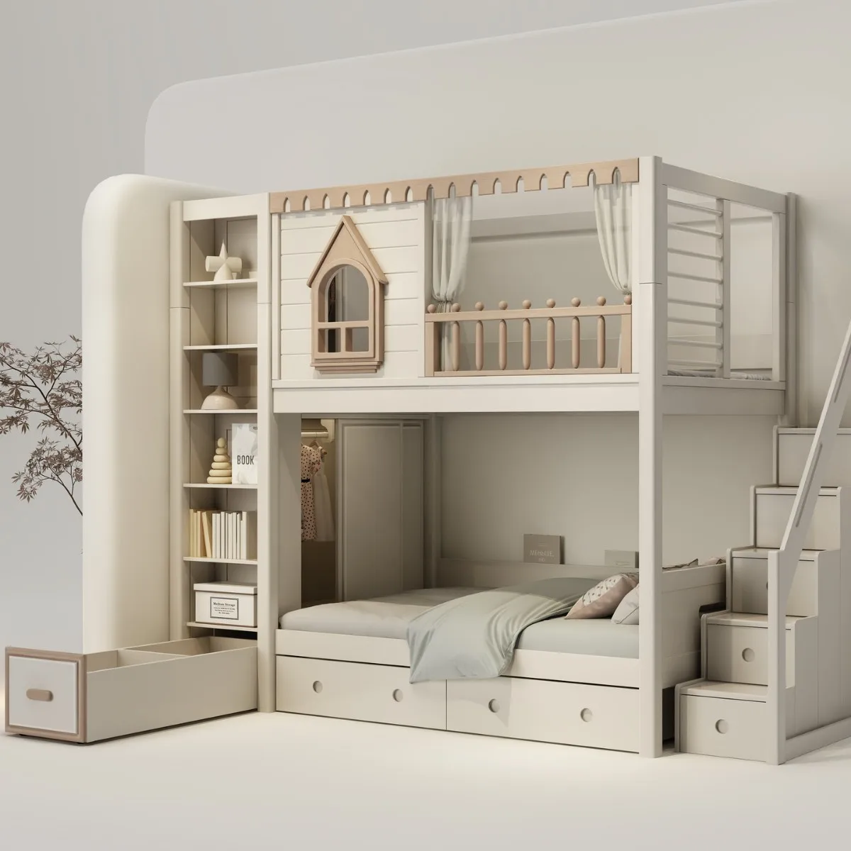 Tree House Bed Children's High and Low Bed, Bookshelf Drawer with Ladder Cabinet, Multifunctional Solid Wood