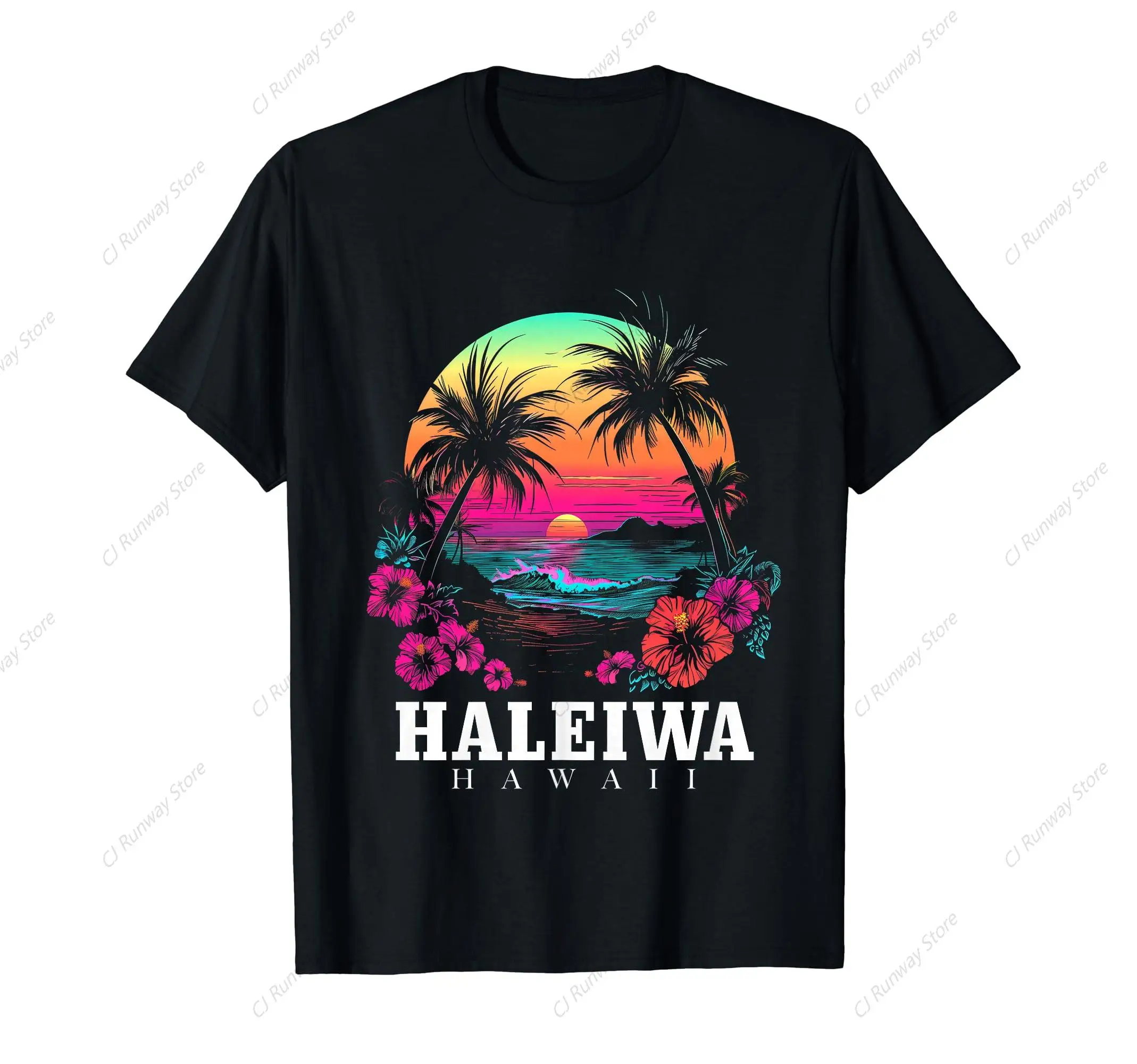 Haleiwa Hawaii Hawaiian Hibiscus Flowers Surfer Souvenir T-Shirt Printing Men's T-shirt 100%Cotton Summer