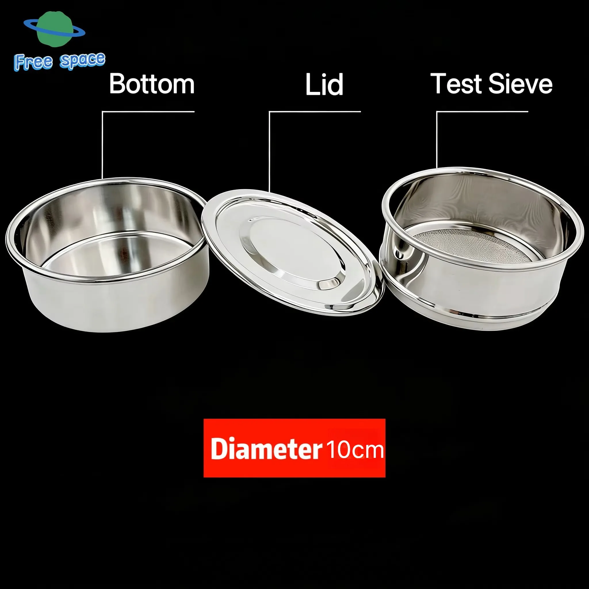 Dia 10 cm, 1 Set Lid+Bottom+Test Sieve, Stainless Steel Cover & Container for Lab Sampling Inspection Pharmacopoeia Sieve