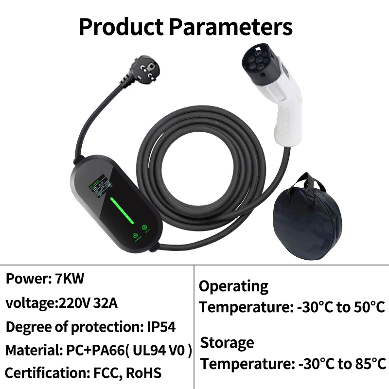 เครื่องชาร์จรถยนต์ไฟฟ้าแบบพกพา 32A 7KW 1 เฟส Type2 ปรับกระแสได้ กล่องชาร์จ EVSE
