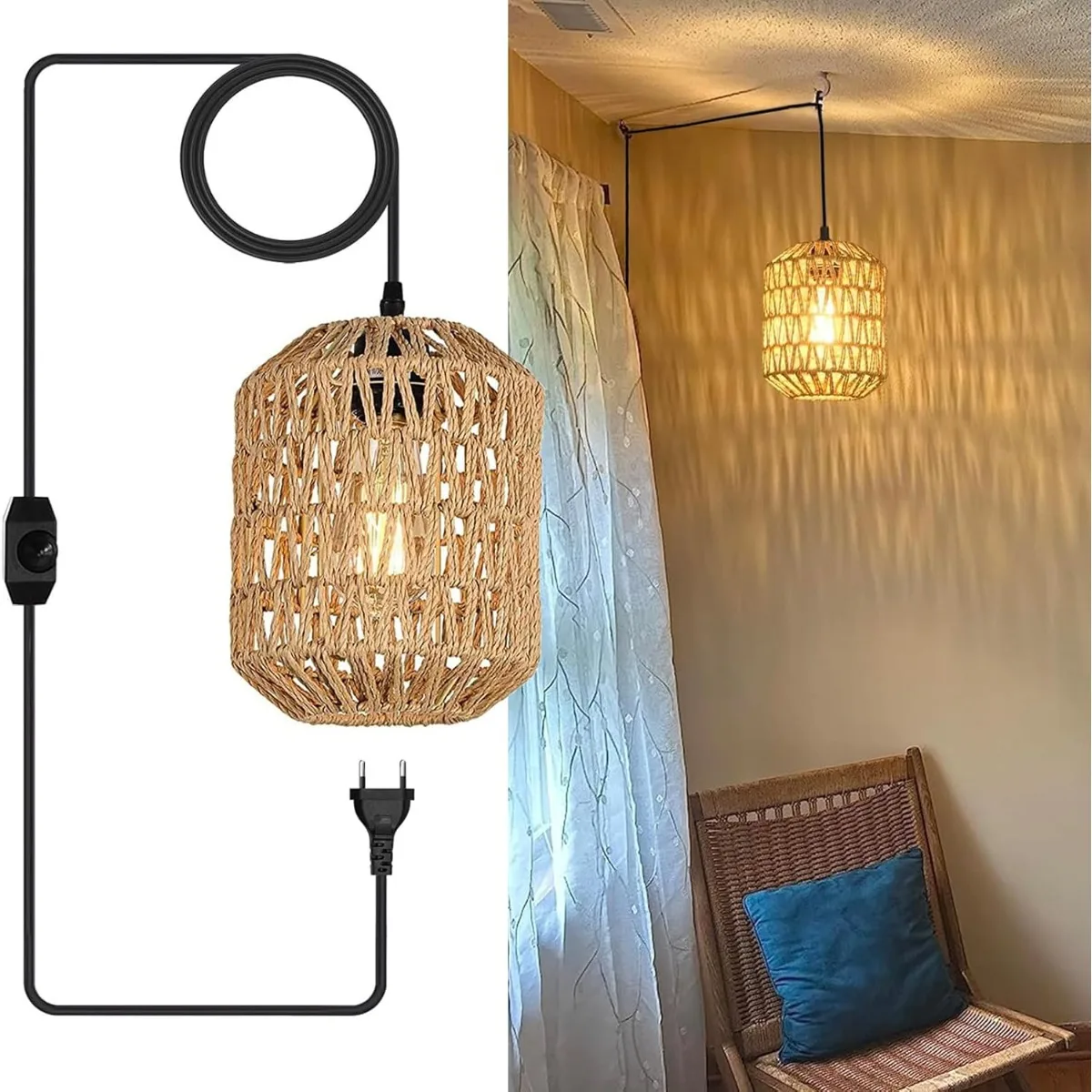 

E27 Retro Chandeliers with Dimmable Switch Plug-in Paper Rope Lampshade Pendant Lights with 4.5m Cable for Bedroom Foyer Balcony