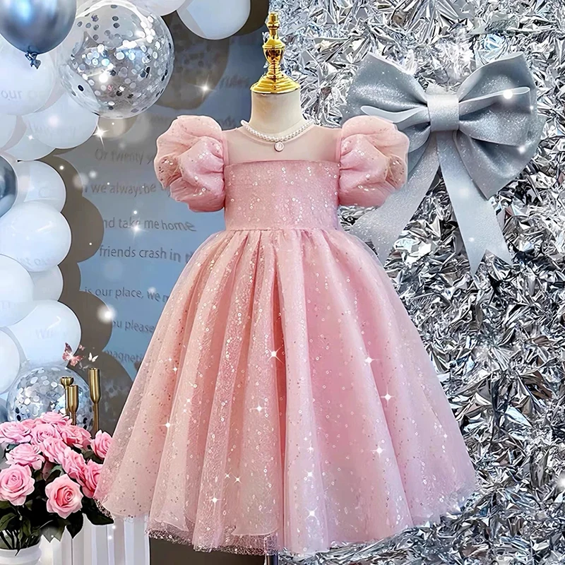 Novo Vestido de Princesa Rosa com Lantejoulas e Tule para Meninas, Vestido de Dama de Honra com Manga Bufante e Laço, Vestido de Festa de Aniversário 