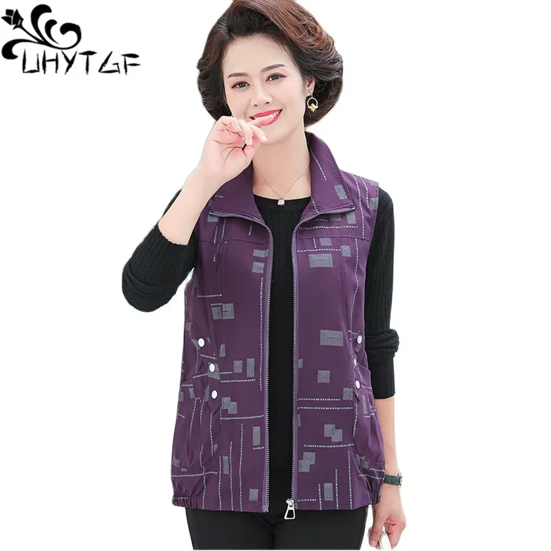 

UHYTGF 2022 Spring Autumn Vest Women Jacket Middle-Aged Elderly Female Coat Print Korean Loose Big Size Waistcoat Chaquetas 2072